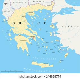 Greece Political Map. Hand drawn map of Greece with the capital Athens, national borders, most important cities, rivers and lakes. With english labeling and scale. svg