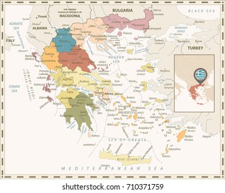 Greece Political Map Retro Colors. Detailed vector map of Greece.