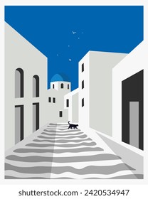 Greece poster, banner, postcard. Vector illustration. Background, street. Minimalism.