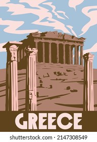 Viajes de afiches de Grecia, columnas ruinas templo antiguo, antigua cultura y arquitectura de Europa mediterránea. Ilustración vectorial de estilo vintage