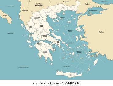 Greece provinces and regions vector map with neighbouring countries and territories