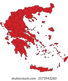 Greece red map with border of regions outline vector
