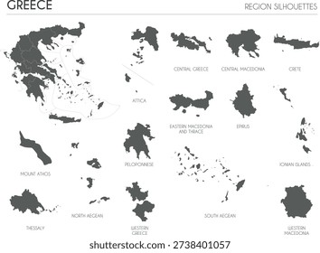 Greece region silhouettes set and blank map of the country isolated on white background. Vector illustration design