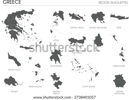 Greece region silhouettes set and blank map of the country isolated on white background. Vector illustration design