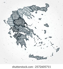 Greece regions word clouds. Country shape on textured background. Greece design in typographic style. Amazing vector illustration.