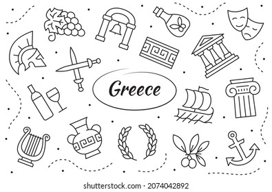 Greece related set. Vector line objects and elements collection.