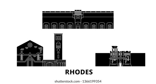 Greece, Rhodes flat travel skyline set. Greece, Rhodes black city vector illustration, symbol, travel sights, landmarks.