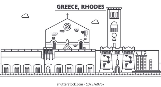 Greece, Rhodes line skyline vector illustration. Greece, Rhodes linear cityscape with famous landmarks, city sights, vector landscape. 