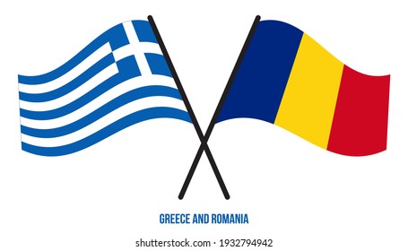 Greece and Romania Flags Crossed And Waving Flat Style. Official Proportion. Correct Colors.