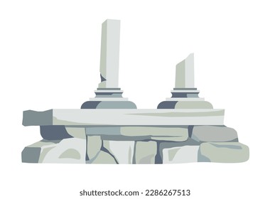 Greece or Rome ancient historical sight with columns or pillars ruins. Wall of bricks and Ionic or Doric construction. Pantheon or building, architecture and traditional culture. Vector in flat style