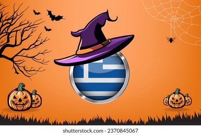 greece round flag with Happy Halloween banner or party invitation background. bats, spiders and pumpkins, orange background