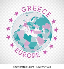 Greece round logo. Badge of country with map of Greece in world context. Country sticker stamp with globe map and round text. Elegant vector illustration.