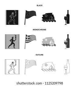 Greece, running, wine, flag . Greece set collection icons in black, monochrome, outline style vector symbol stock illustration web.