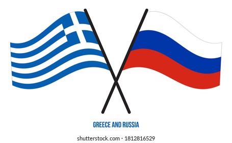 Greece and Russia Flags Crossed And Waving Flat Style. Official Proportion. Correct Colors.