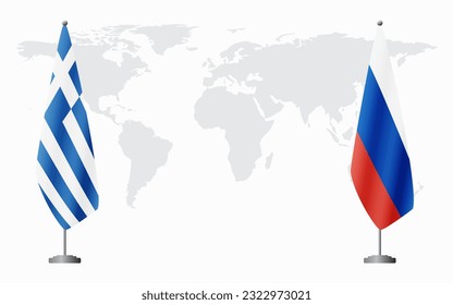 Greece and Russia flags for official meeting against background of world map.