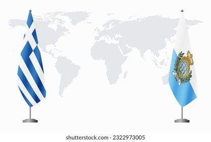 Greece and San Marino flags for official meeting against background of world map.