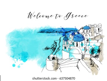 Greece. Santorin. Hand drawn vector background