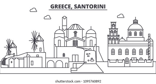Grecia, Santorini línea de ilustración vector. Grecia, paisaje urbano lineal de Santorini con puntos de referencia famosos, vistas de la ciudad, paisaje vectorial. 