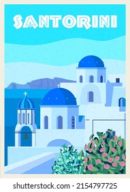 Greece Santorini Poster Travel, Greek white buildings with blue roofs, church, poster, old Mediterranean European culture and architecture