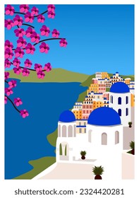 Grecia Santorini. Viaje con afiches, edificios griegos blancos con techos azules, afiche, vieja cultura y arquitectura de Europa mediterránea.