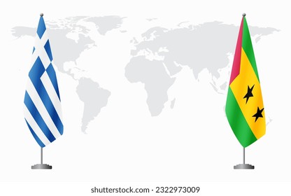 Greece and Sao Tome and Principe flags for official meeting against background of world map.