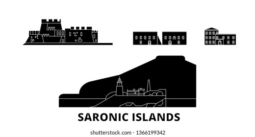 Greece, Saronic Islands flat travel skyline set. Greece, Saronic Islands black city vector illustration, symbol, travel sights, landmarks.