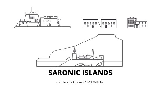 Greece, Saronic Islands line travel skyline set. Greece, Saronic Islands outline city vector illustration, symbol, travel sights, landmarks.