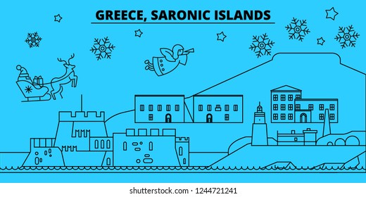 Greece, Saronic Islands winter holidays skyline. Merry Christmas, Happy New Year decorated banner with Santa Claus.Greece, Saronic Islands linear christmas city vector flat illustration