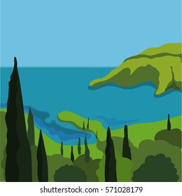 Greece Sea landscape. The coast of the Mediterranean Sea. Vector illustration