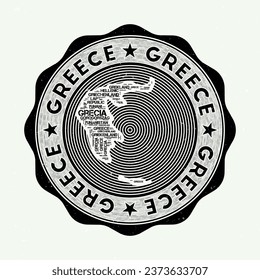 Greece seal. Country round logo with shape of Greece and country name in multiple languages wordcloud. Authentic emblem. Artistic vector illustration.