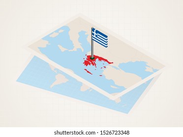Greece selected on map with isometric flag of Greece. Vector paper map.