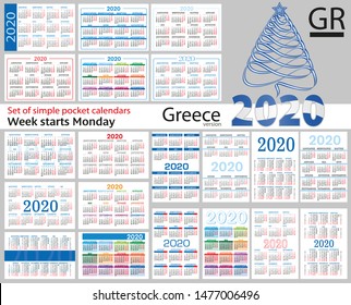 Greece set of pocket calendars for 2020 (Two thousand nineteen). Week starts Monday. New year. Color simple design. Vector