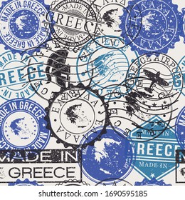 Greece Set of Stamps. Travel Passport Stamps Pattern. Made In Product. Design Seals in Old Style Insignia Seamless. Icon Clip Art Vector Collection.