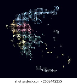 Greece, shape of the country build of colored cells. Digital style map of the Greece on dark background. Small size circle blocks. Modern vector illustration.