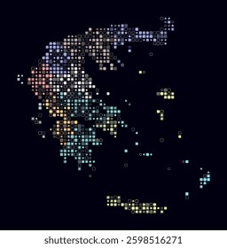 Greece, shape of the country built of colored cells. Digital style map of Greece on dark background. Small size rounded square blocks. Stylish vector illustration.