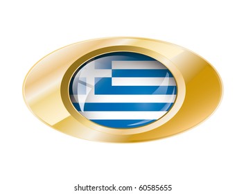 Greece shiny button flag with golden ring vector illustration. Isolated abstract object against white background.