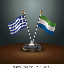 Griechenland und Sierra Leone Tischfahnen Beziehung mit Farbverlauf-Hintergrund. Vektorgrafik