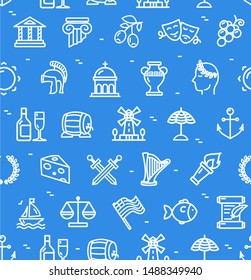 Greece Signs Seamless Pattern Background on a Blue for Culture and History Ad. Vector illustration