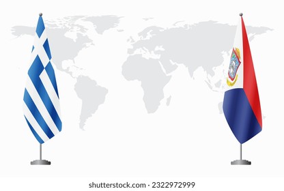 Griechenland und die Flaggen von Sint Maarten für offizielle Treffen auf dem Hintergrund der Weltkarte.