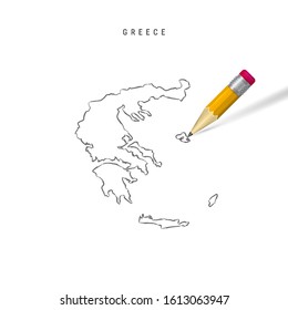 Greece sketch outline map isolated on white background. Empty hand drawn vector map of Greece. Realistic 3D pencil with soft shadow.