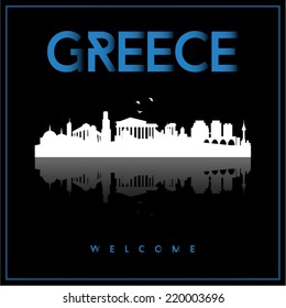 Greece skyline silhouette vector design on parliament blue and black background.