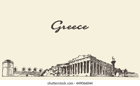 Greece skyline, vintage engraved illustration, hand drawn, sketch