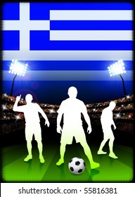 Greece Soccer Player on Stadium Background with Flag Original Illustration