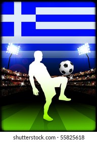 Greece Soccer Player on Stadium Background with Flag Original Illustration