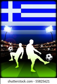 Greece Soccer Player on Stadium Background with Flag Original Illustration