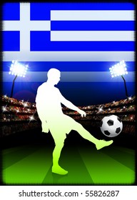 Greece Soccer Player on Stadium Background with Flag Original Illustration