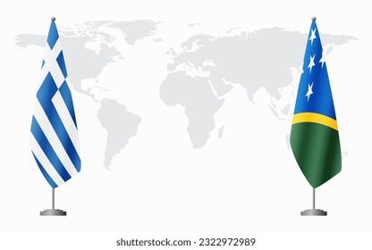 Greece and Solomon Islands flags for official meeting against background of world map.