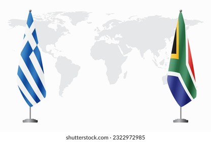 Greece and South Africa flags for official meeting against background of world map.