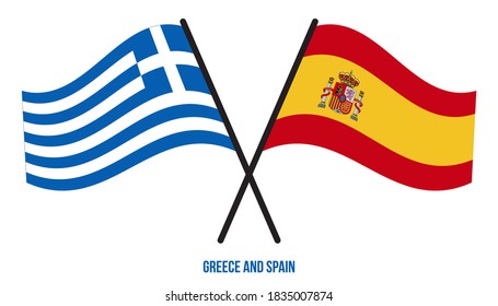 Greece and Spain Flags Crossed And Waving Flat Style. Official Proportion. Correct Colors.