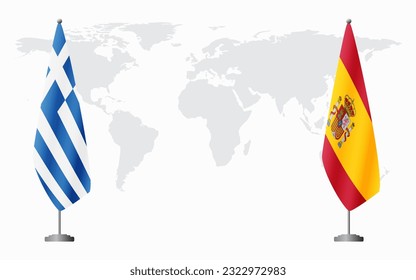 Greece and Spain flags for official meeting against background of world map.